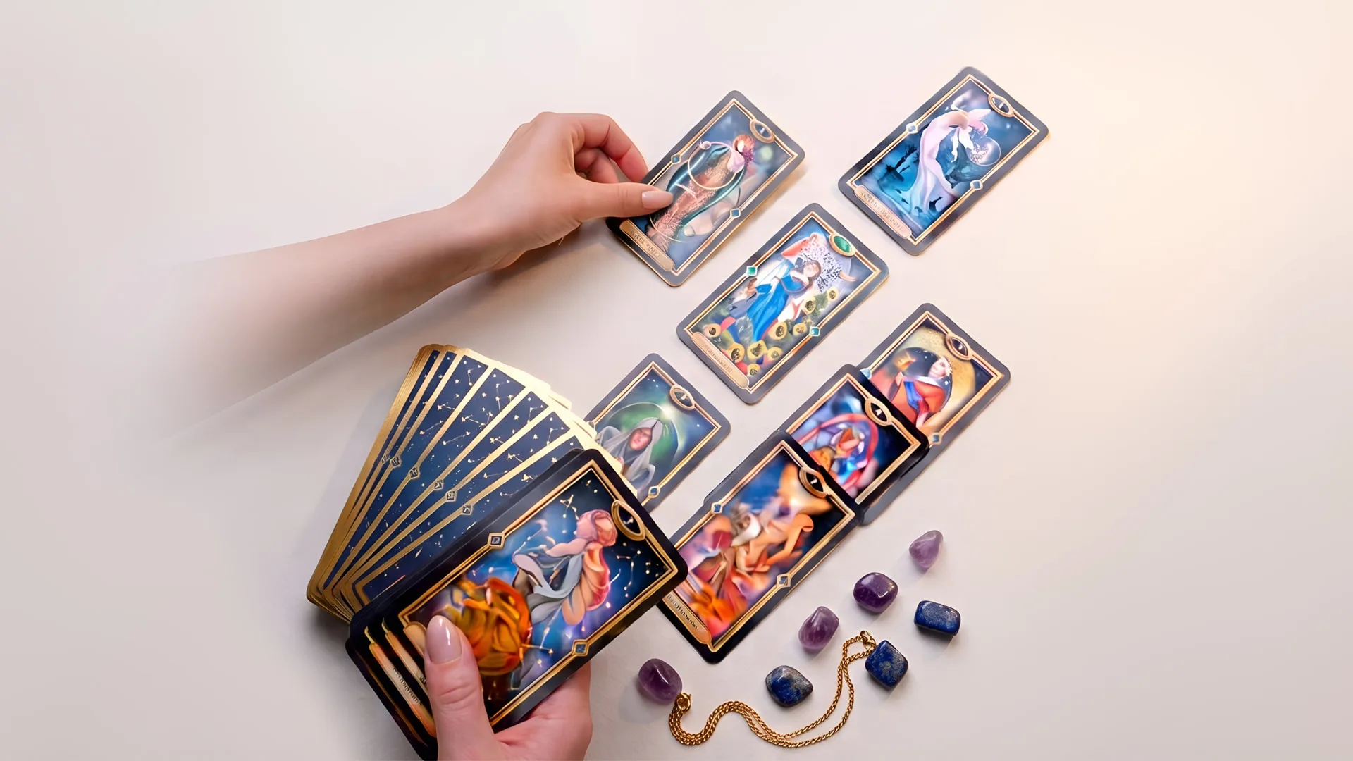 Hands laying out an oracle card spread with crystals